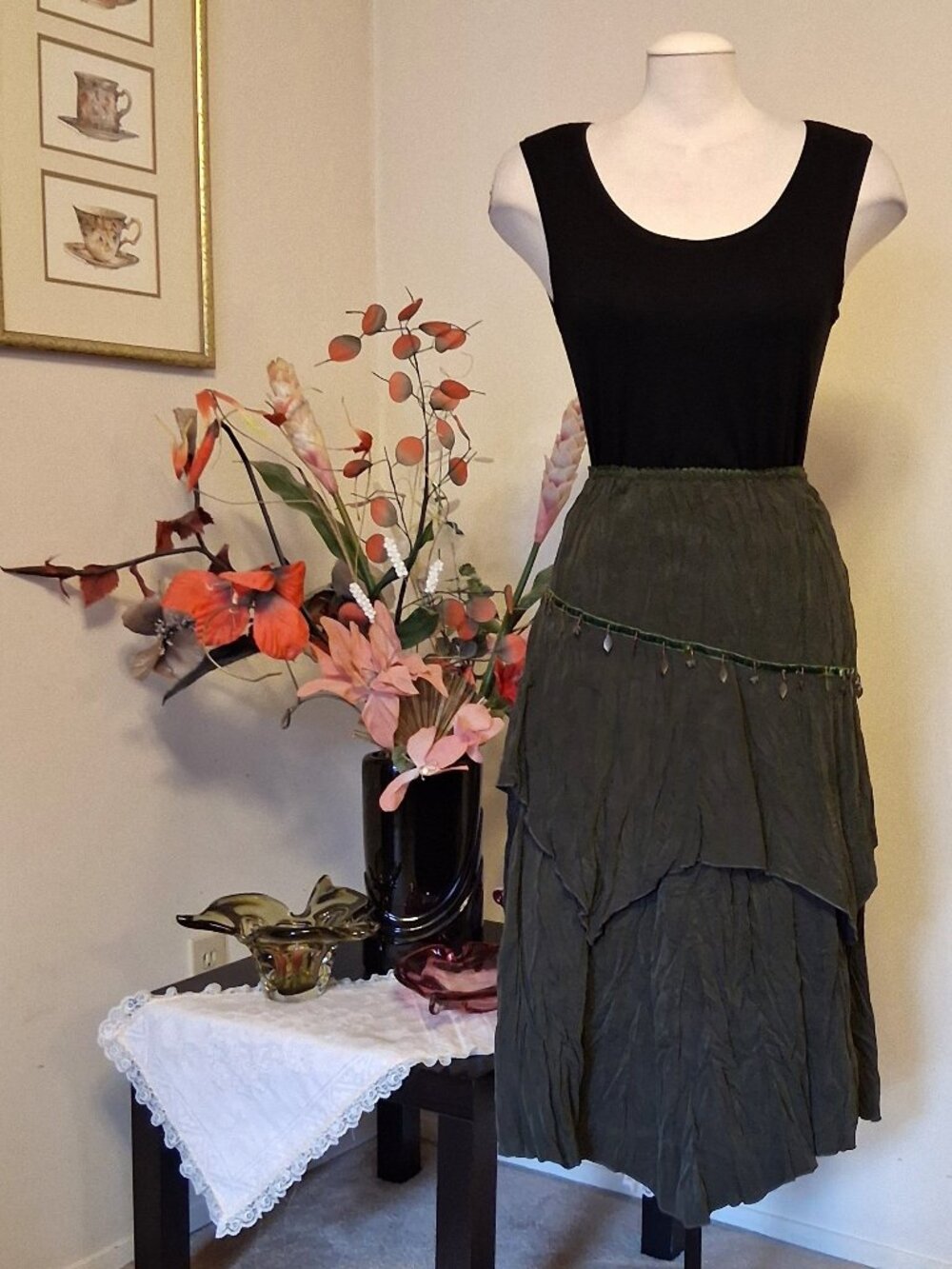 New Unique Design High Quality Vintage Style Green Tiered Lined Midi Skirt 12